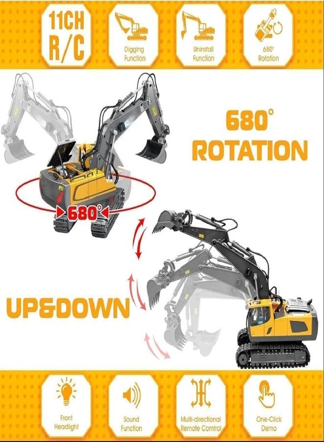 Daji Remote Control Excavator Toys for Boys,11 Channel 1/20 Rc Digger Construction Toys Crane,Simulated Smoke,Sound,Lighting,Metal Digging Head,Rc Truck Gifts for Boys-Adult,Multicolor - Image 3